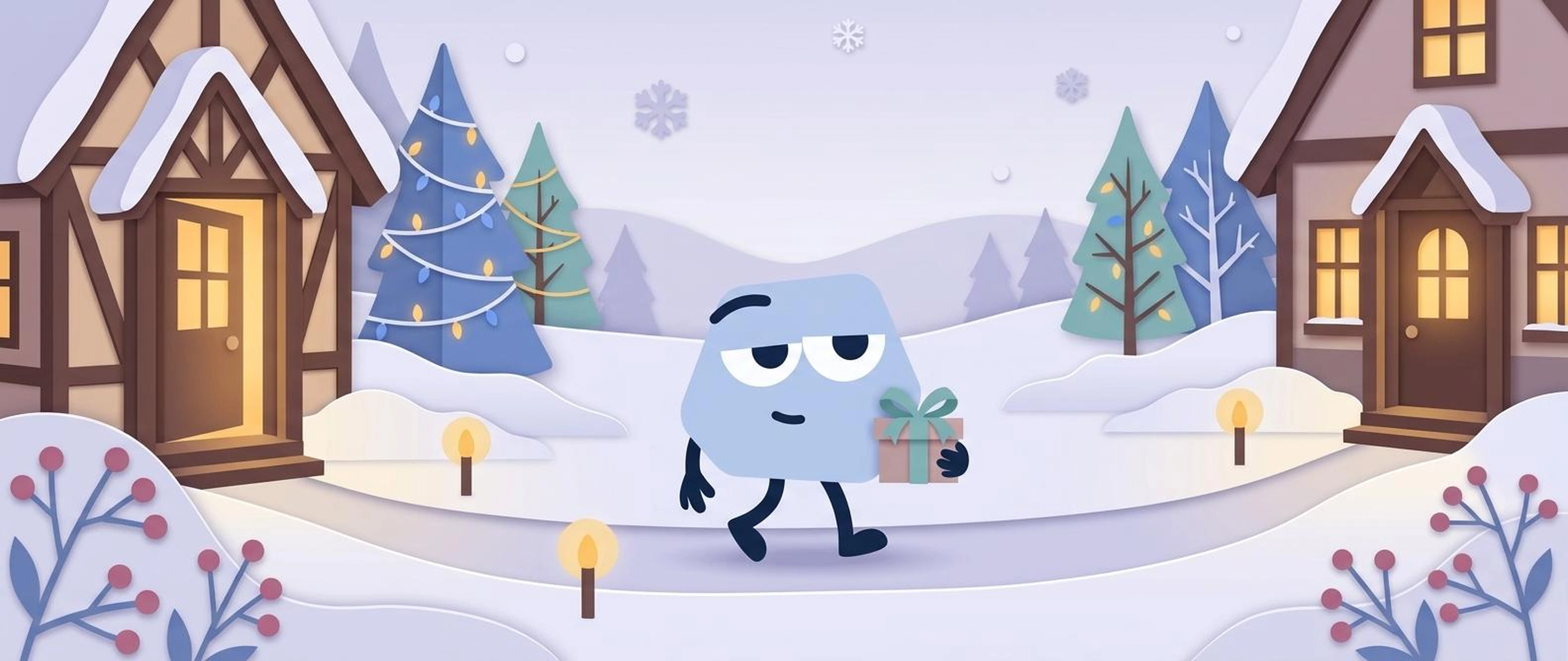 Editorial illustration of the Pallie mascot walking a snowy path with a wrapped gift between two warmly lit cottage doorways — two homes, one childhood