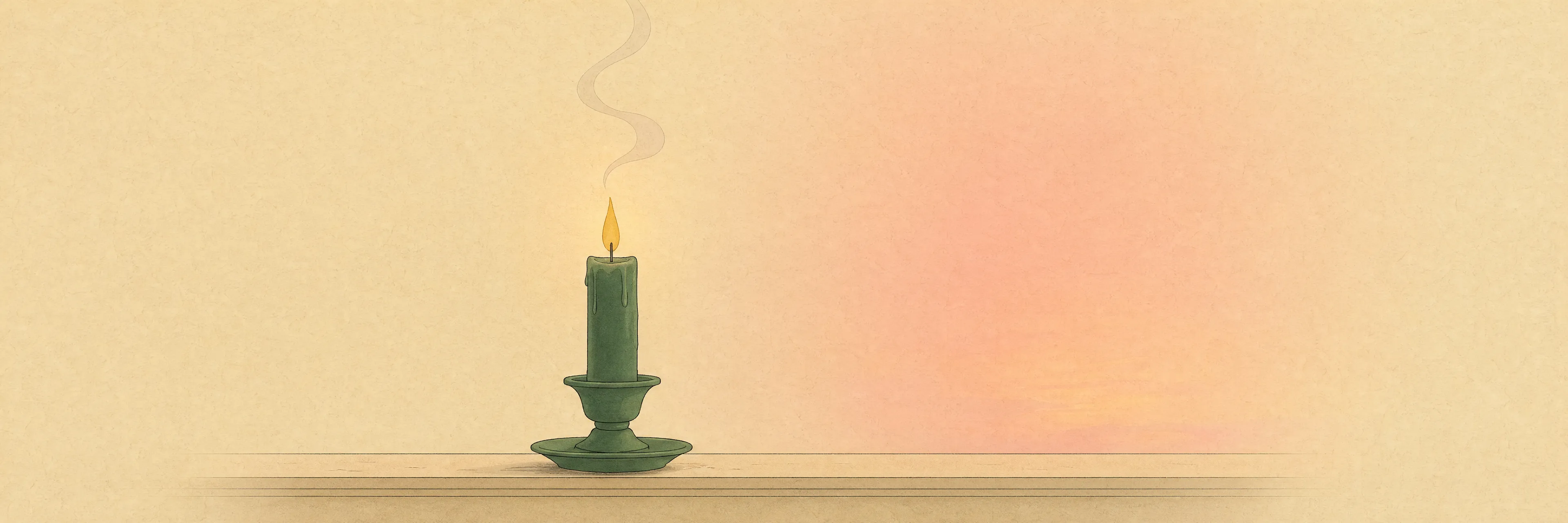 A flat editorial illustration of a single lit candle in a forest-green holder on a plain wooden windowsill, a thin wisp of smoke curling upward, with a soft dusk-pink glow filling the right side of the frame like a window at sunset.