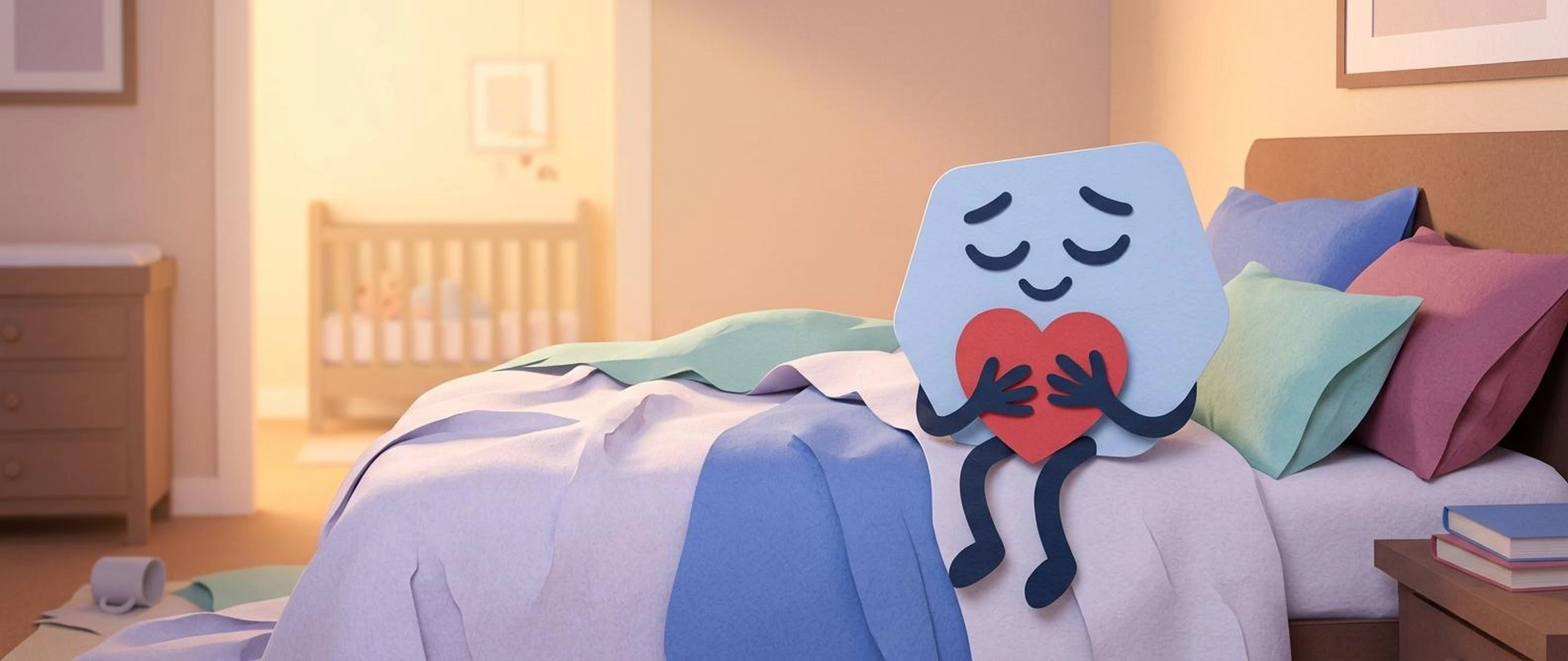 Editorial illustration of the Pallie mascot sitting on the edge of a bed at dawn holding a small heart, with a quiet nursery visible through the doorway — a tender morning moment for new parents
