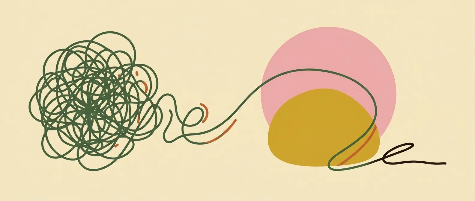 A tangled thread loosening into a calm line around a smooth stone.