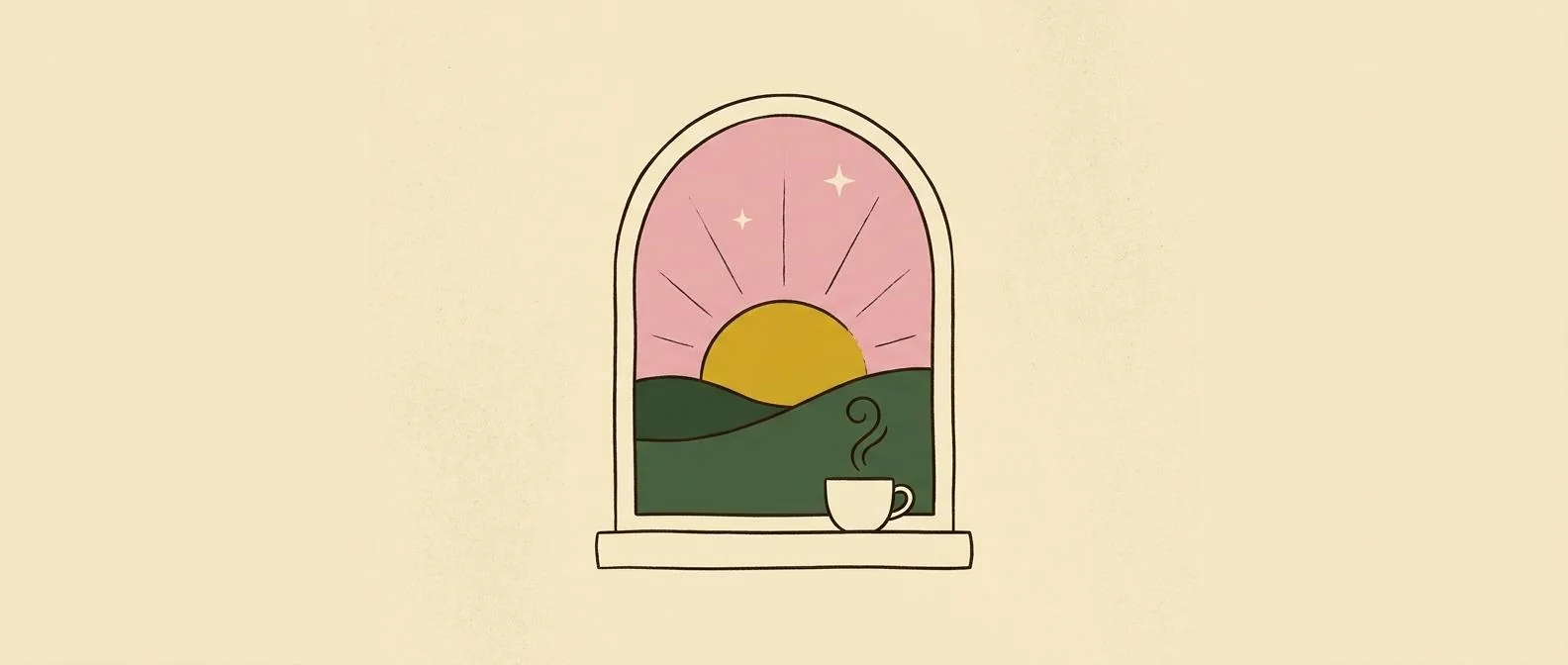 A steaming cup at an arched window as the sun rises over forested hills.