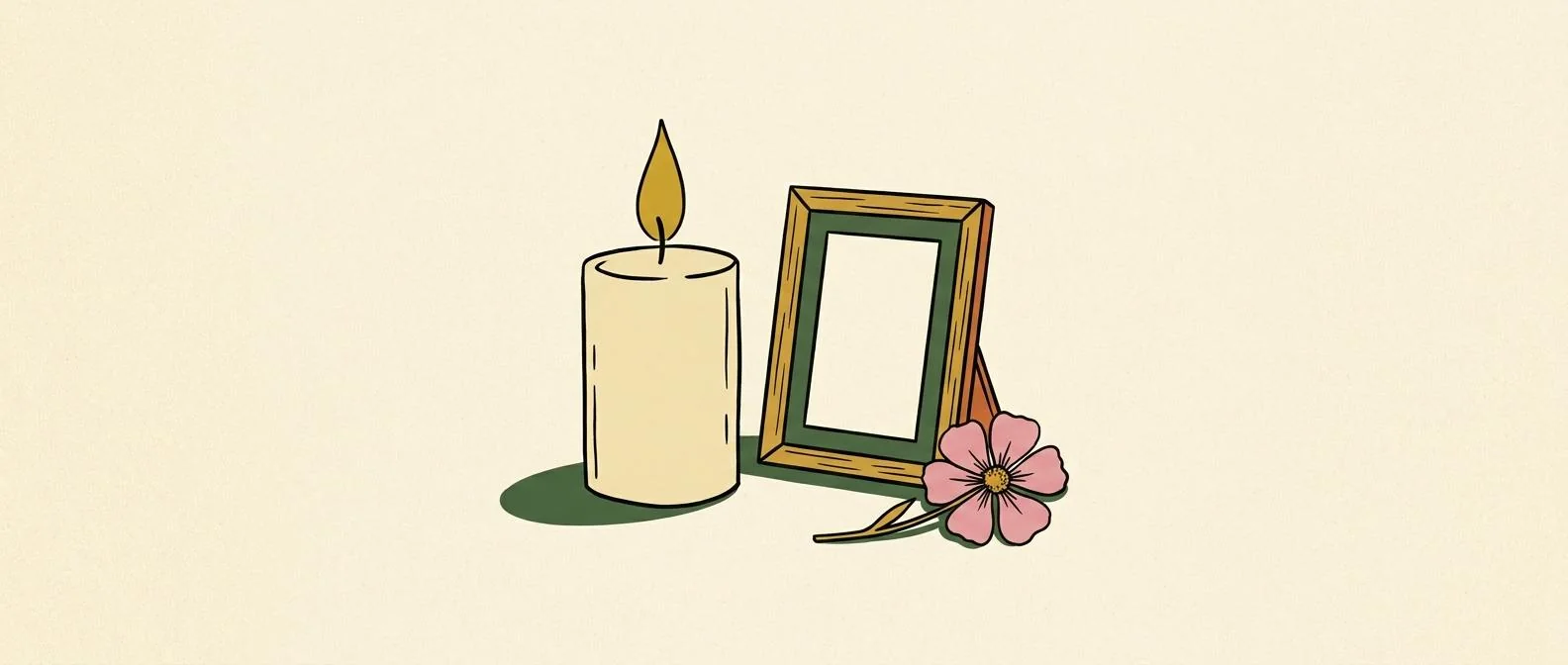 A steady candle beside an empty frame and a pressed flower.