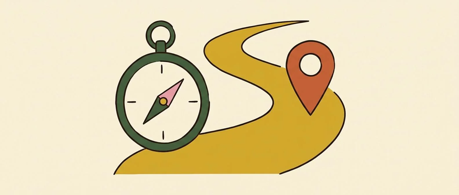 A compass beside a curving path and a single waypoint.