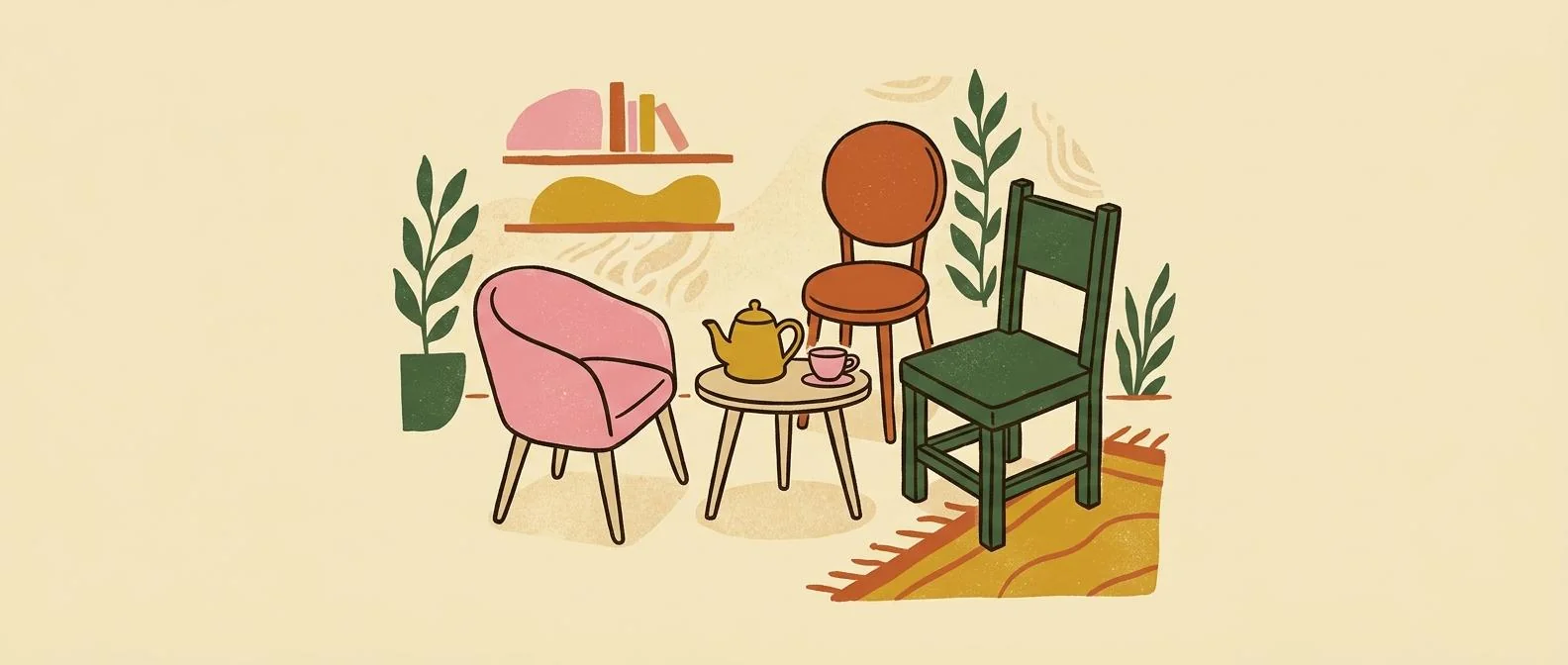 Three chairs gathered around a small table with a teapot.
