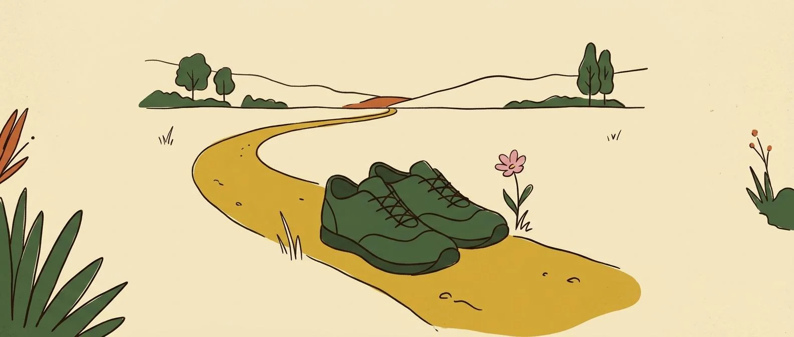 Walking shoes beside a gentle path and a small wildflower.