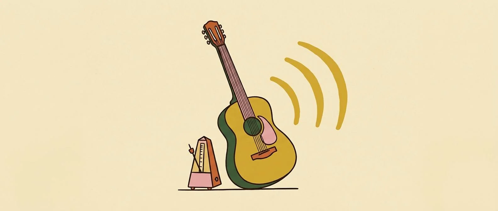 A guitar beside a metronome and curved rhythm marks.