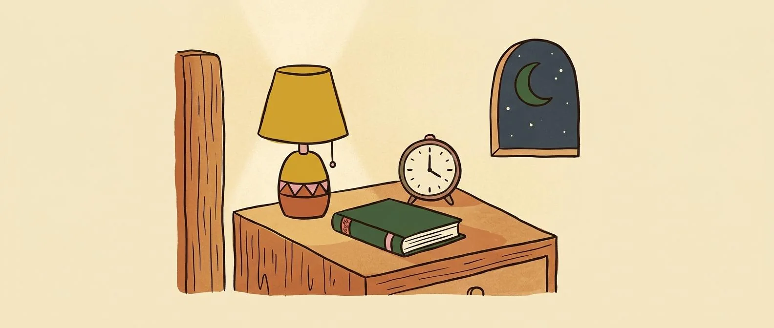 A bedside lamp, closed book, clock, and crescent moon at night.