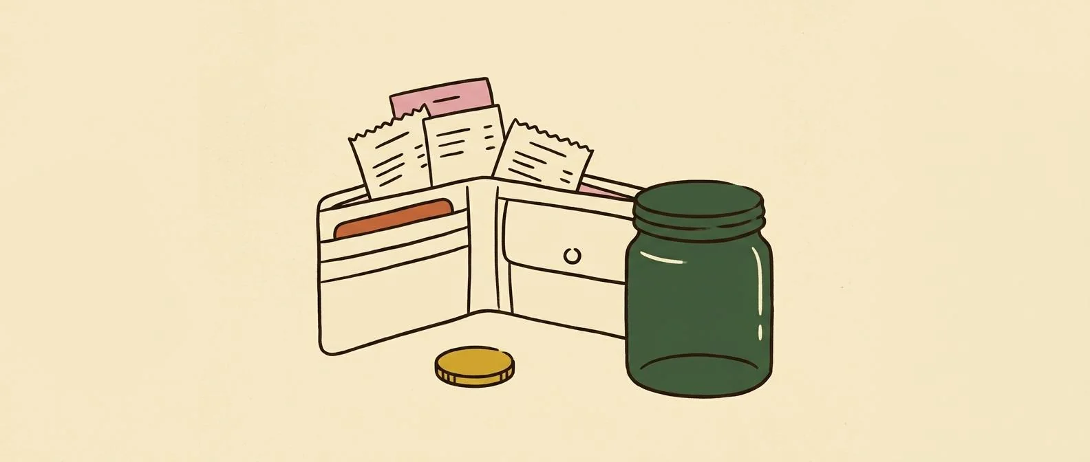 An open wallet with receipts beside a coin and a closed savings jar.