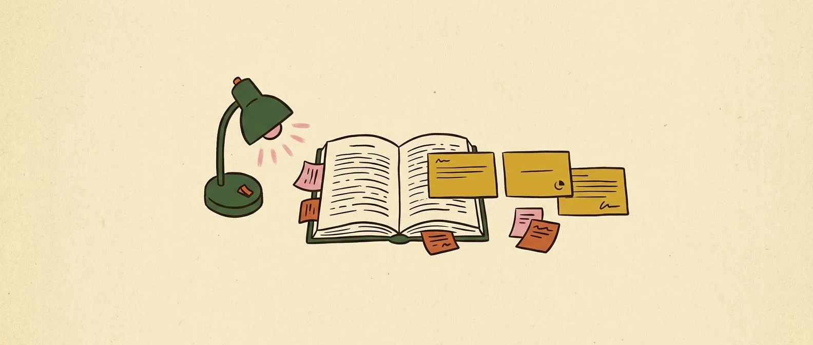 An open book with study cards and a desk lamp arranged for focused learning.