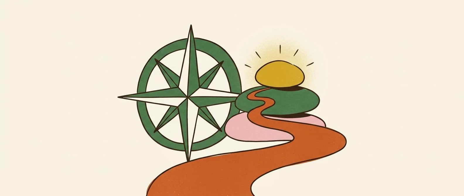 A compass rose, three smooth stones, and a path toward one golden stone.