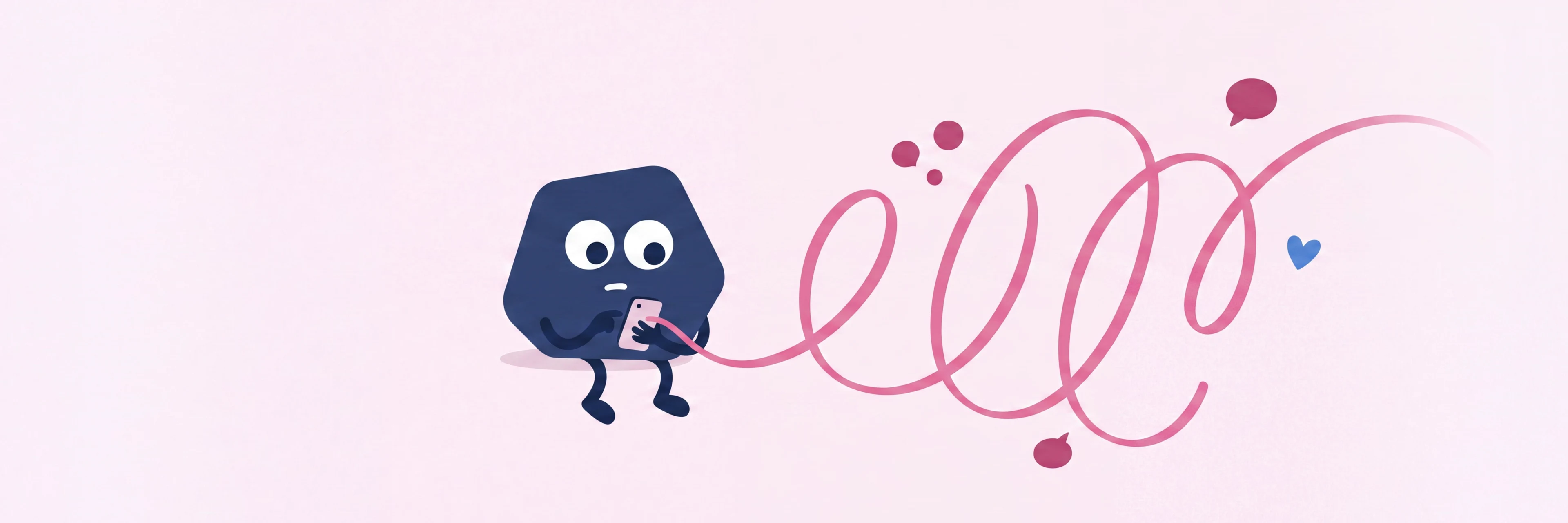 Pallie, a friendly navy mascot, holding a phone while a long pink ribbon loops into obsessive coils — a visual metaphor for ruminating about an ex