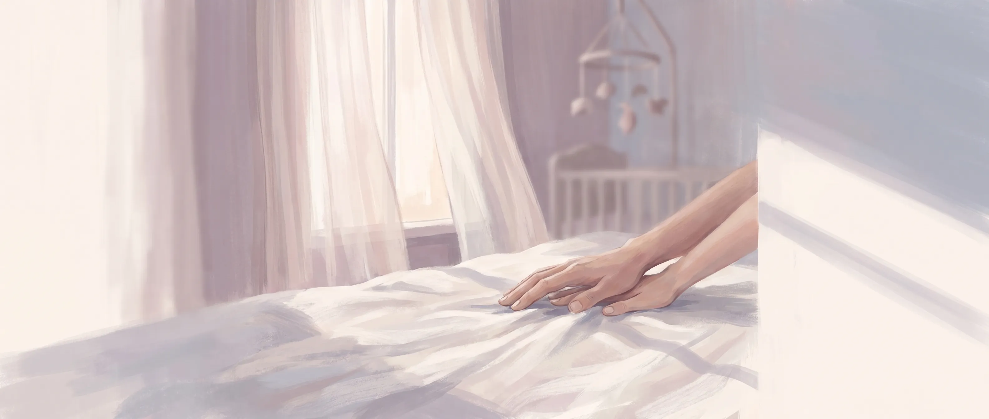 Two adult hands resting on a rumpled linen bed at dawn, fingertips barely touching, a soft-focus nursery mobile blurred in the background