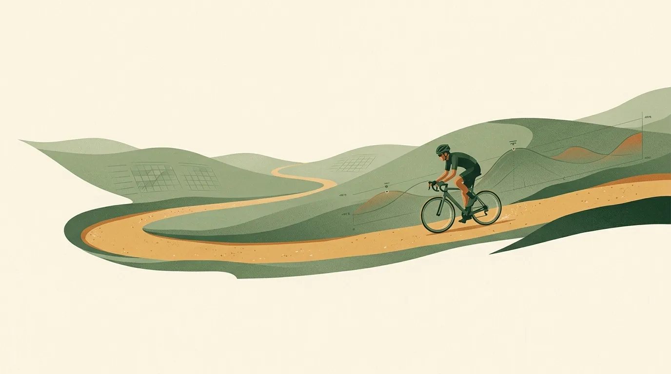 Cyclist following a winding training route through hills