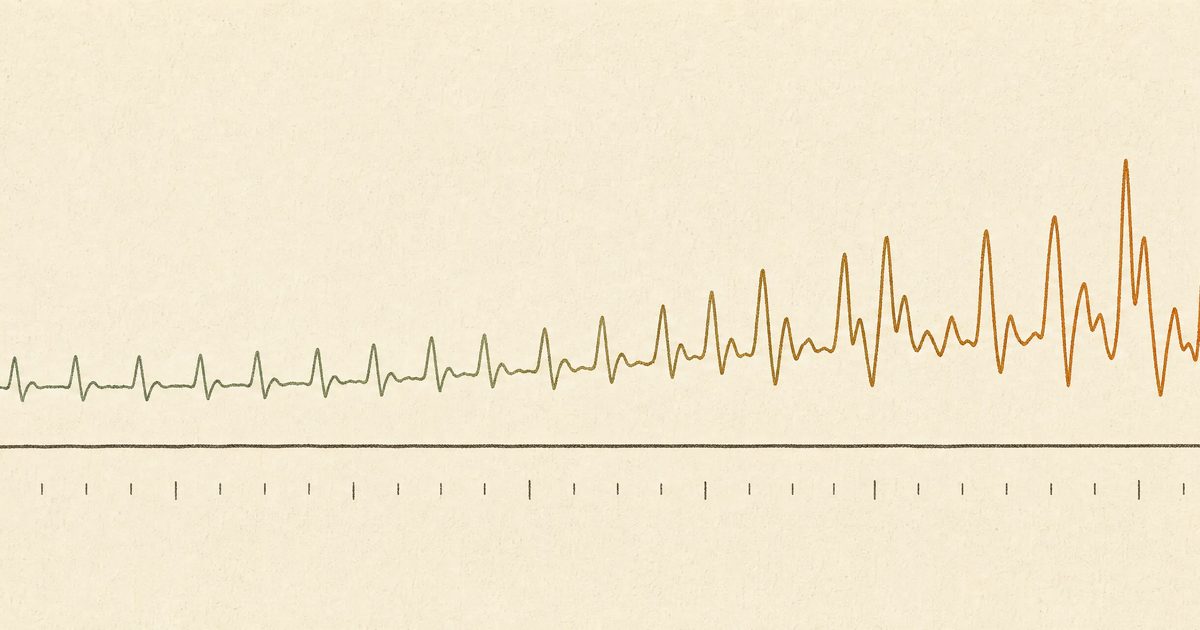 Editorial banner on a warm cream background: a horizontal heart-rate trace starts at the left as a clean, evenly-spaced sage-green squiggle and drifts upward into taller, more erratic ochre peaks toward the right, while a second flat ink line runs steady underneath — the visual signature of pace-to-HR decoupling.