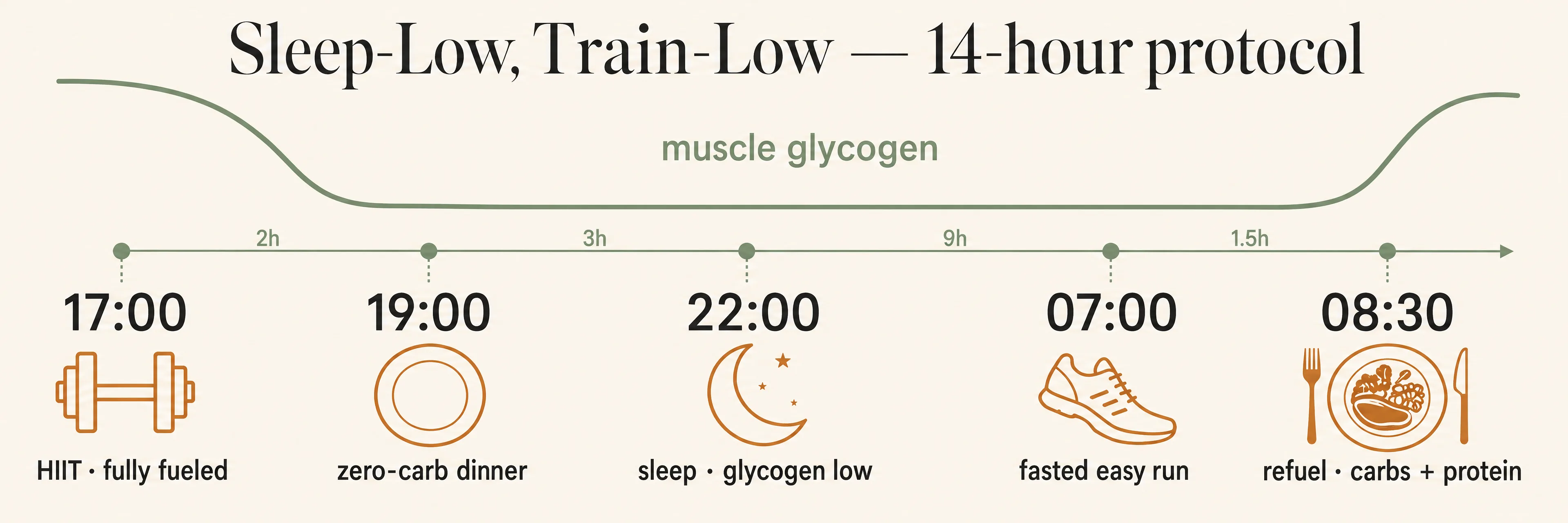 Horizontal timeline from 17:00 through 08:30 showing the sleep-low protocol: fully-fueled HIIT, zero-carb dinner, sleep with depleted glycogen, fasted easy run at 07:00, refuel at 08:30.