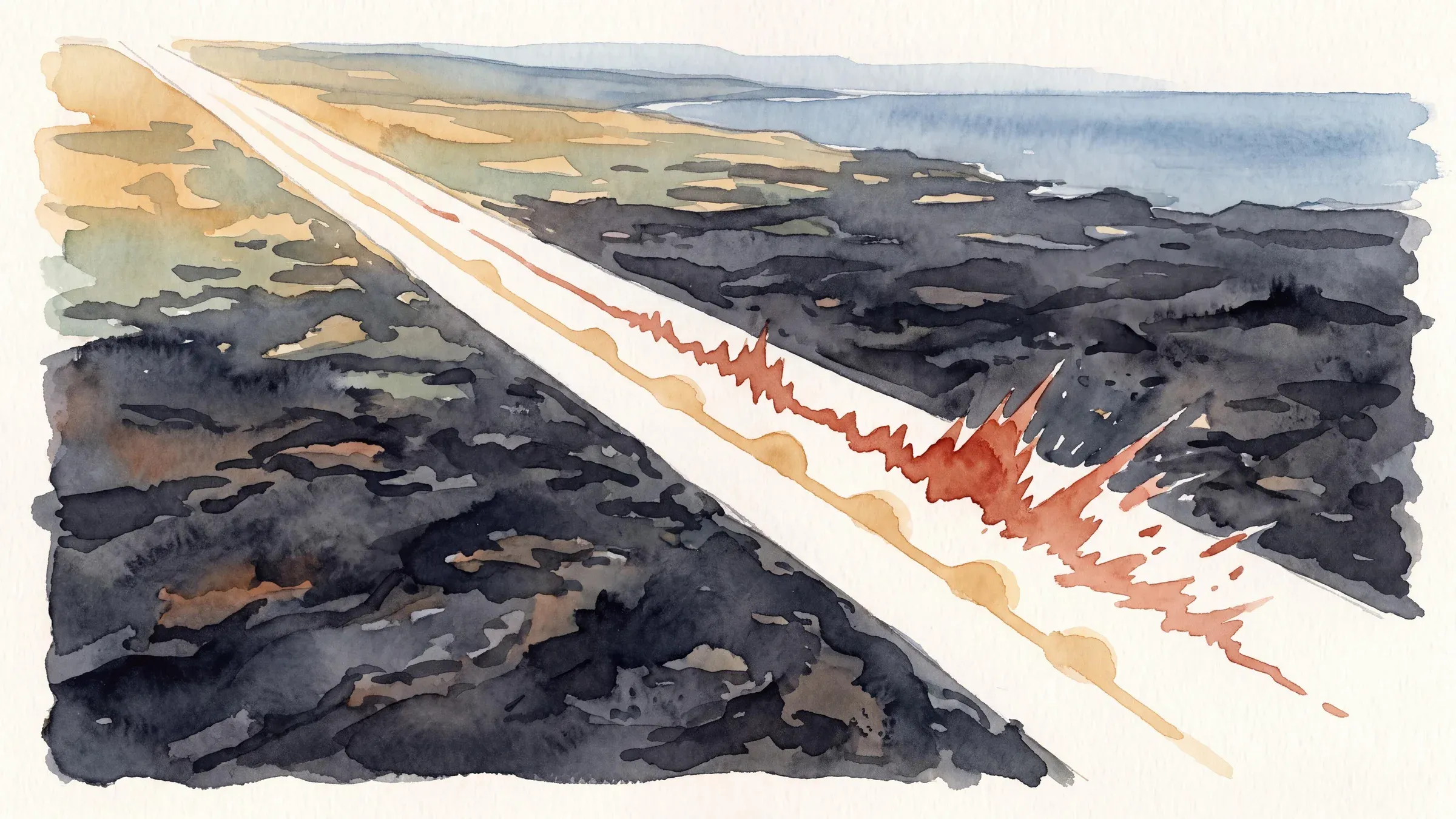 Watercolor aerial of the Queen K contrasting one smooth pacing line with a broken surging rhythm