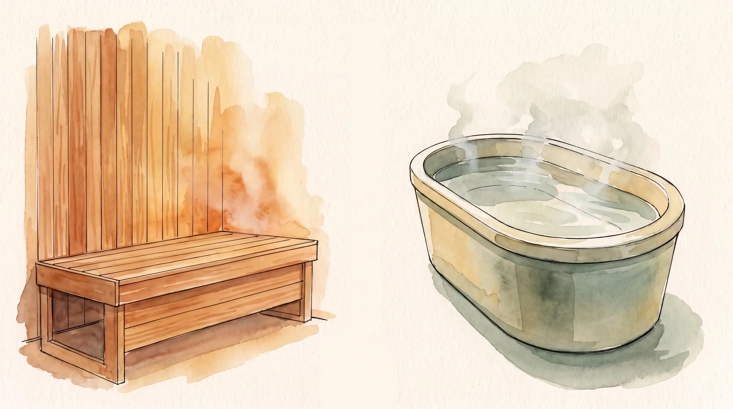 Watercolor comparison of an empty dry sauna and a hot-water immersion bath