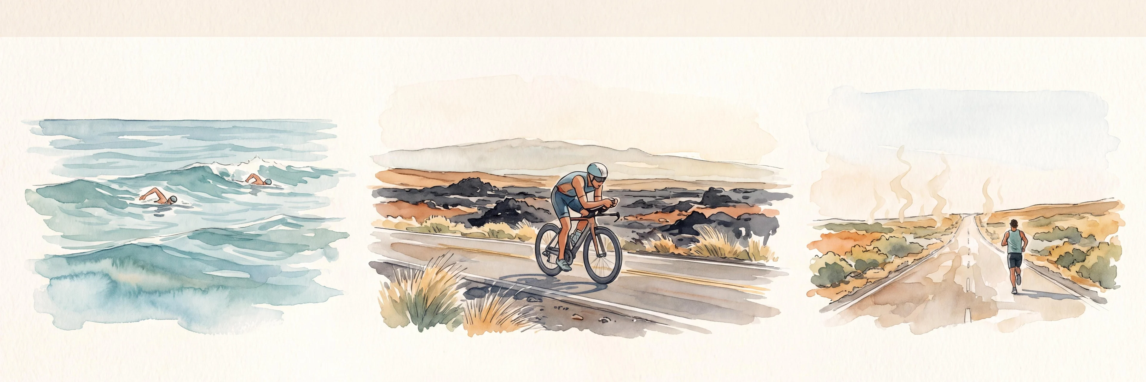 Watercolor panorama of the Kona course moving from the Kailua Bay swim to a lava-field bike and exposed marathon