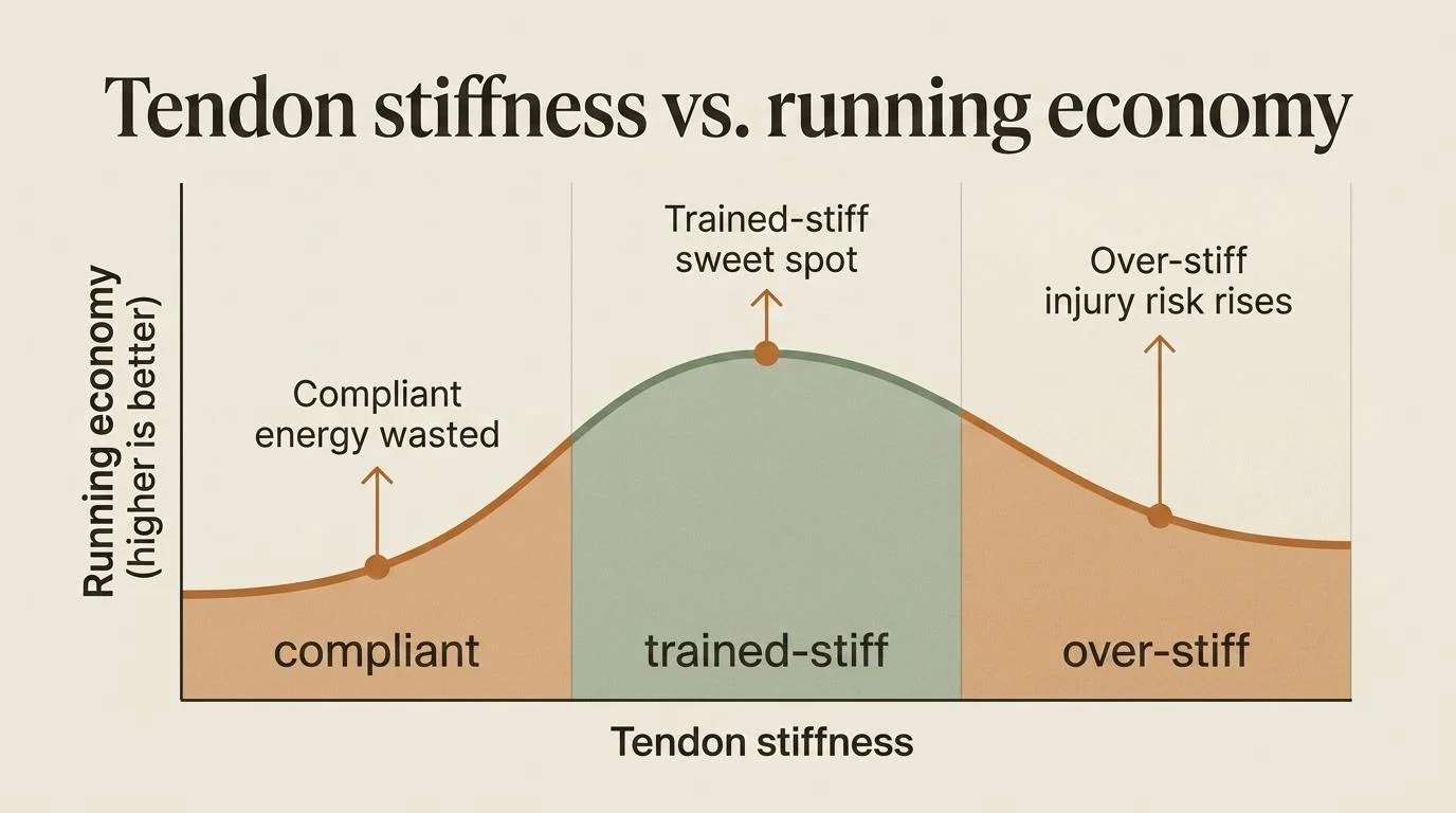 Chart: running economy rises sharply as tendon stiffness moves from compliant to a trained-stiff sweet spot, then dips as tendons become over-stiff and injury risk rises.