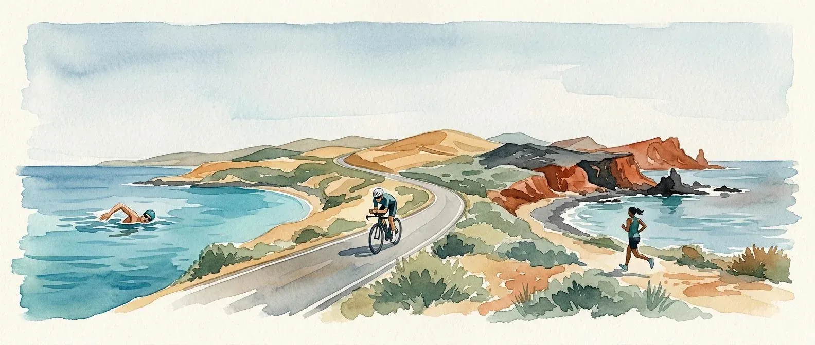 Watercolor swimmer, cyclist, and runner on a coastal endurance route