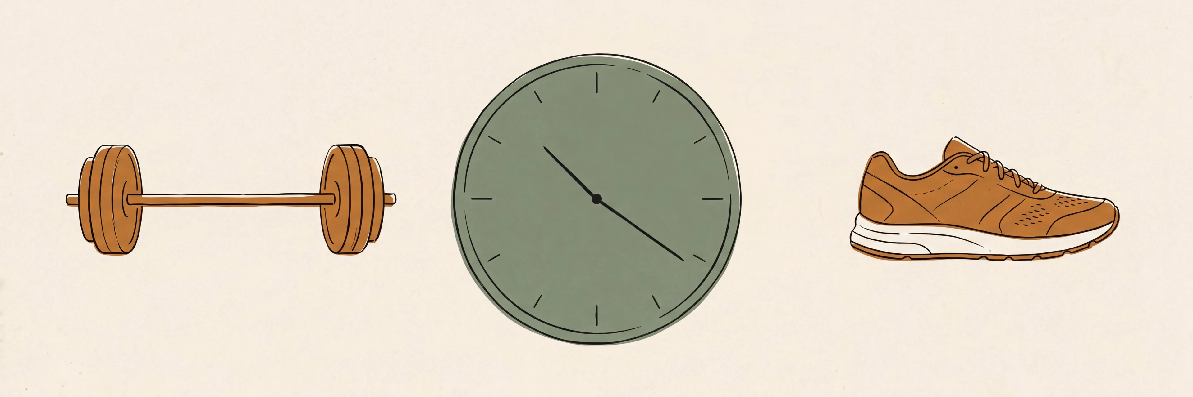 Editorial split-frame on warm cream paper: an ochre barbell on the left, a sage running shoe on the right, and an analogue clock face between them — hand-drawn line details.