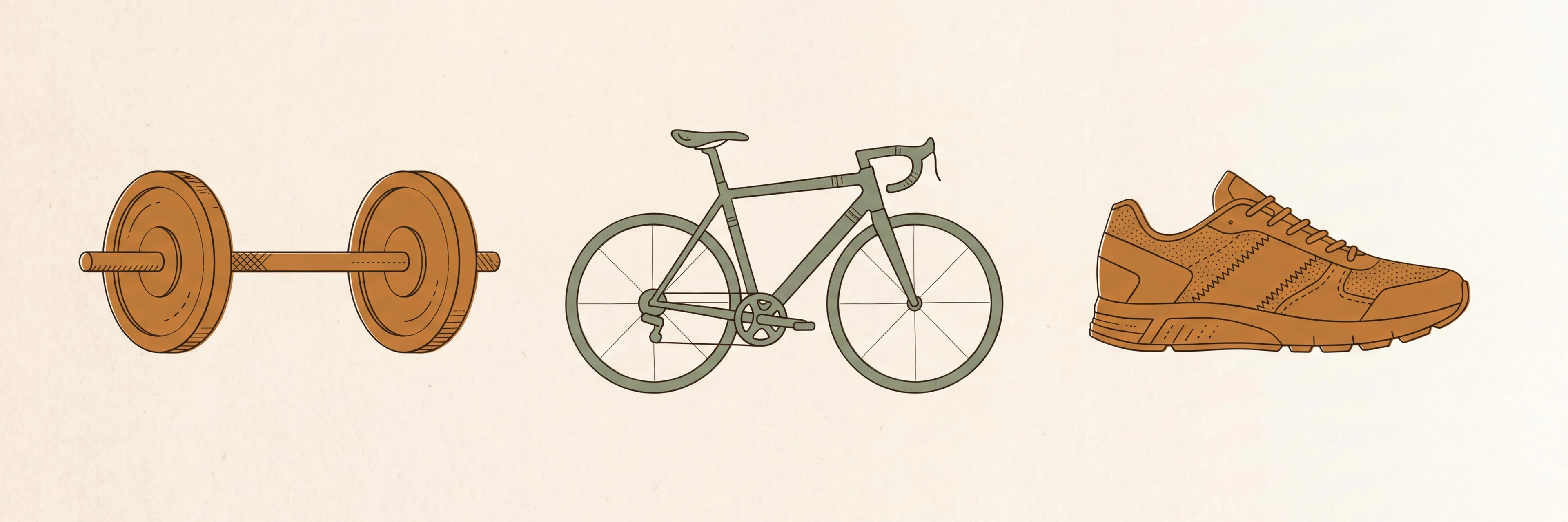 Editorial banner on warm cream paper: an ochre barbell on the left, a sage road bicycle in profile in the centre, and an ochre running shoe on the right, arranged in a horizontal row with hand-drawn line details.
