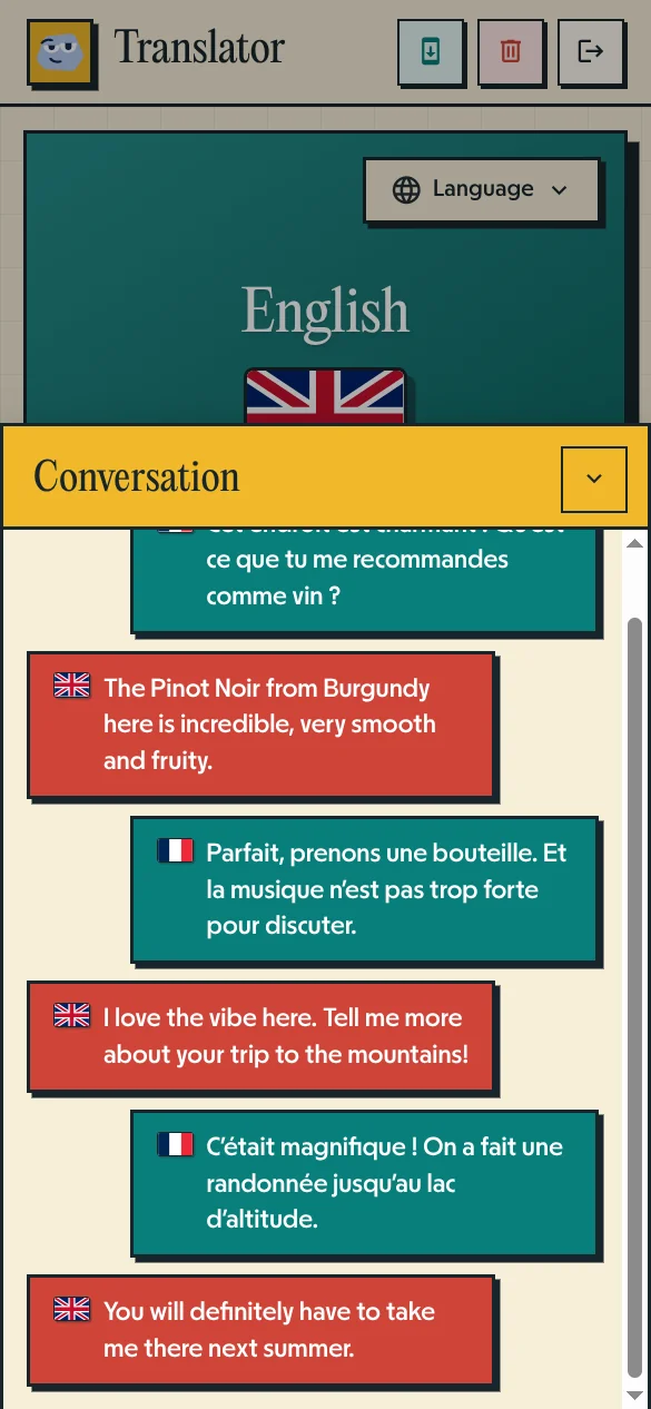 Pallie Voice Translator history view showing playful bilingual conversation in English and French