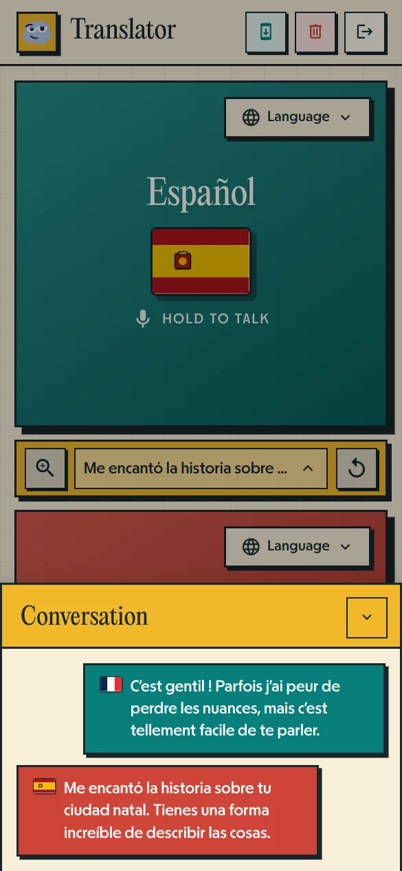 Historial de Pallie Traductor de Voz mostrando conversación afectuosa y distendida en español y francés