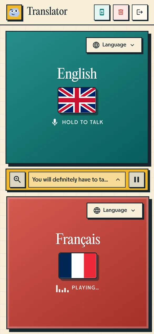 Pallie Voice Translator active speaking interface showing real-time English and French romantic conversation