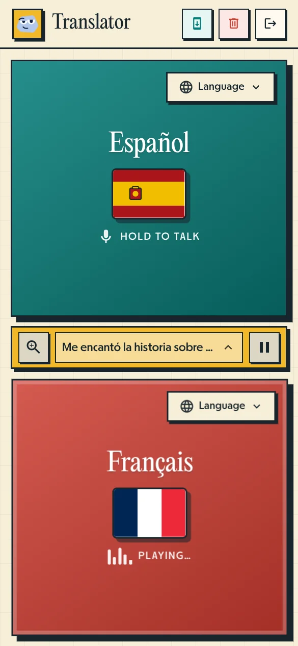 Interfaz de Pallie Traductor de Voz mostrando traducción hablada en directo entre español y francés durante una cita