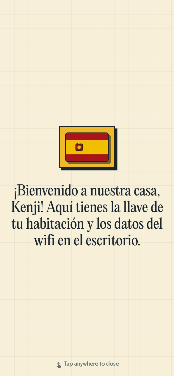 Modo pantalla completa de Pallie Traductor de Voz mostrando frases de afecto y bienvenida en español y japonés