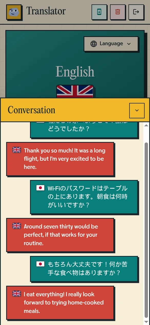 Pallie Voice Translator history screen showing English and Japanese morning breakfast routine conversation
