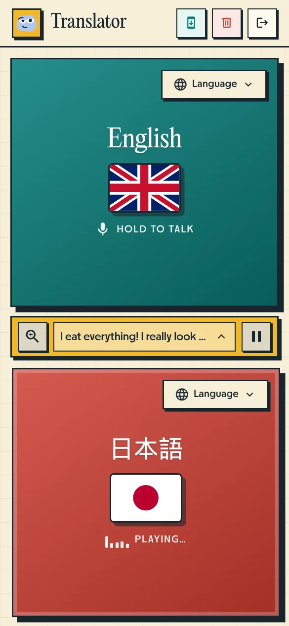 Pallie Voice Translator speaking interface showing English and Japanese conversation welcoming an exchange student