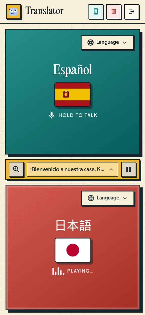 Interfaz de Pallie Traductor de Voz mostrando traducción hablada en directo entre español y japonés
