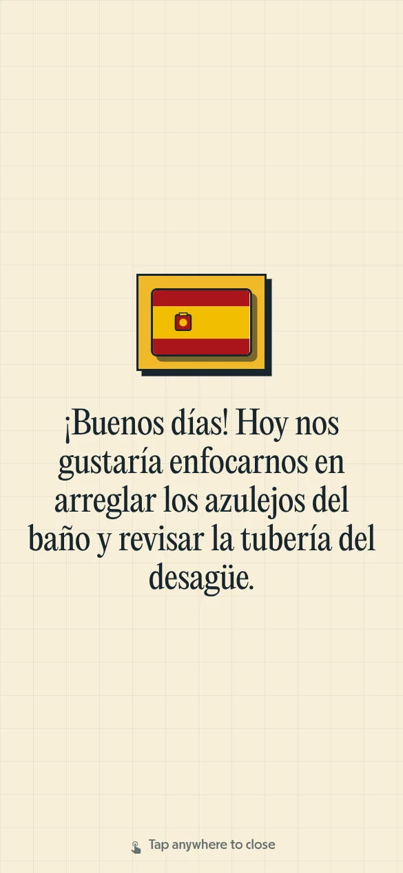 Modo pantalla completa de Pallie Traductor de Voz mostrando instrucciones técnicas de electricidad en español e inglés