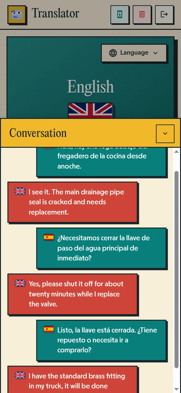 Pallie Voice Translator history view showing English and Spanish fever medication instructions between parent and nanny