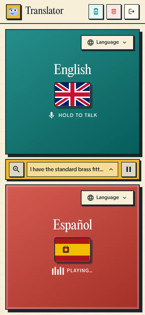 Pallie Voice Translator active speaking view showing English and Spanish home contractor coordination
