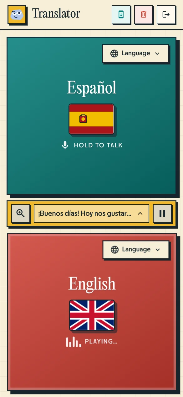 Interfaz de Pallie Traductor de Voz mostrando traducción hablada de instrucciones técnicas de pintura en español e inglés