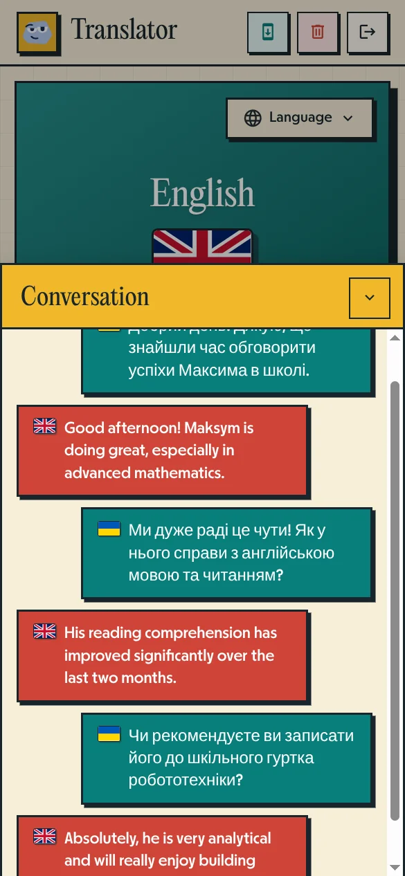Voice Translator history view displaying accurate translation between educator and non-native parent