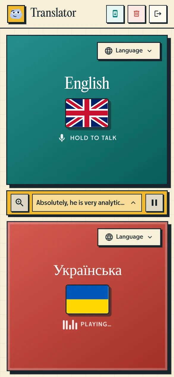 Voice Translator active interface during a parent-teacher conference showing English and Ukrainian text
