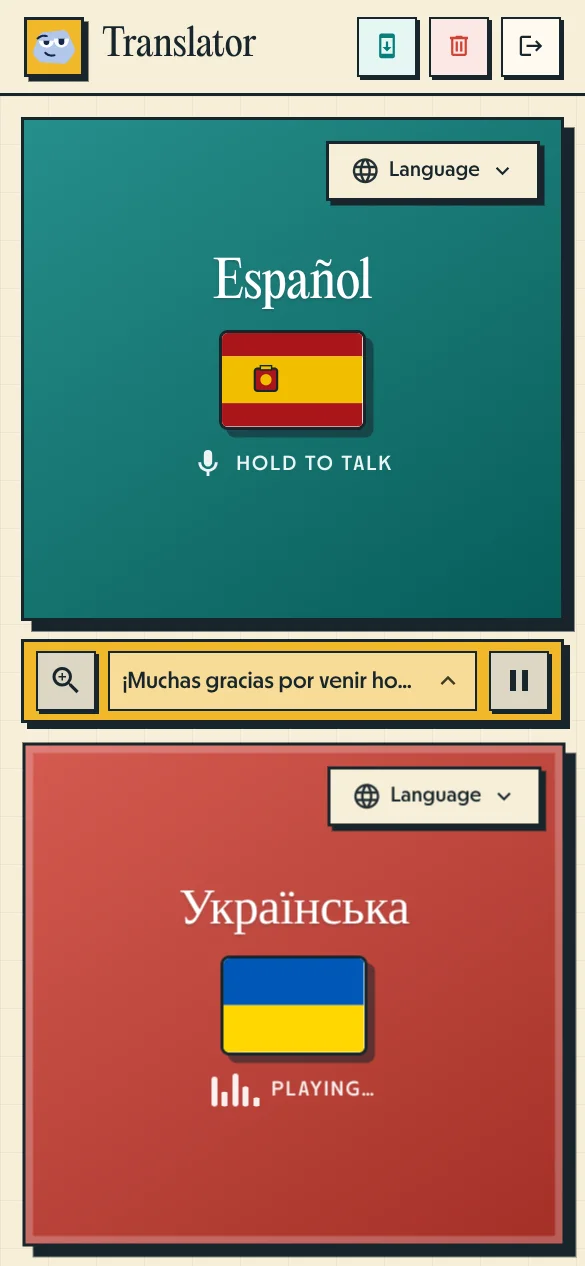 Interfaz de Pallie Traductor de Voz mostrando conversación en una reunión de padres y profesores en español y ucraniano