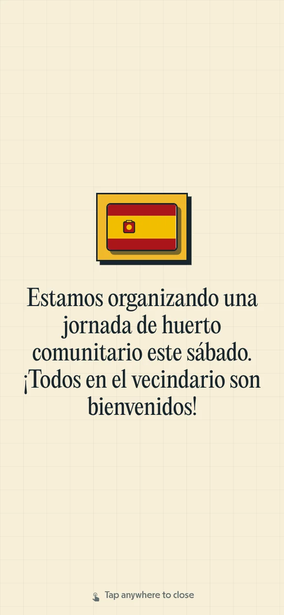 Modo pantalla completa de Pallie Traductor de Voz mostrando bienvenida a nuevos vecinos en español y polaco