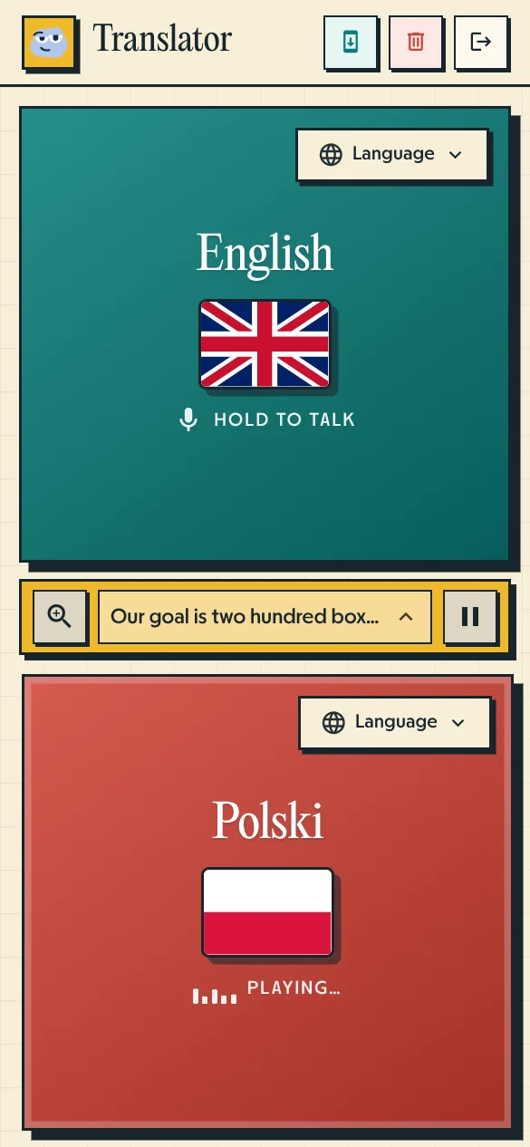 Voice Translator active interface running community group translation between English and Polish