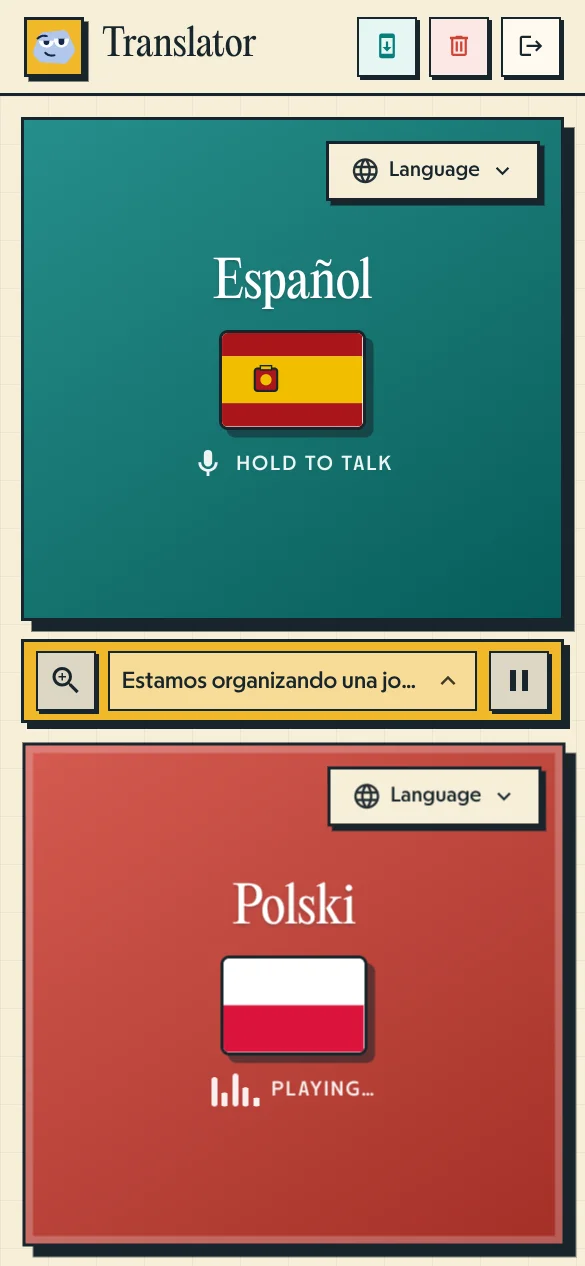 Interfaz de Pallie Traductor de Voz mostrando acuerdos comunitarios para un huerto urbano en español y polaco