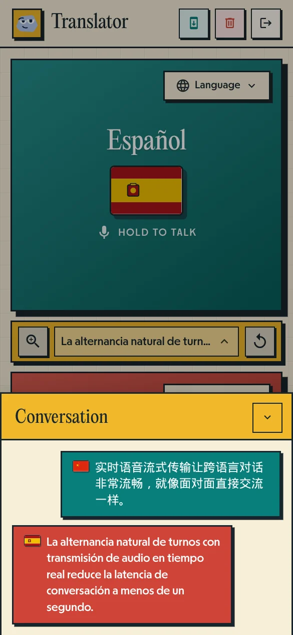 Historial de Pallie Traductor de Voz mostrando filtrado de ruido y traducción en español y mandarín