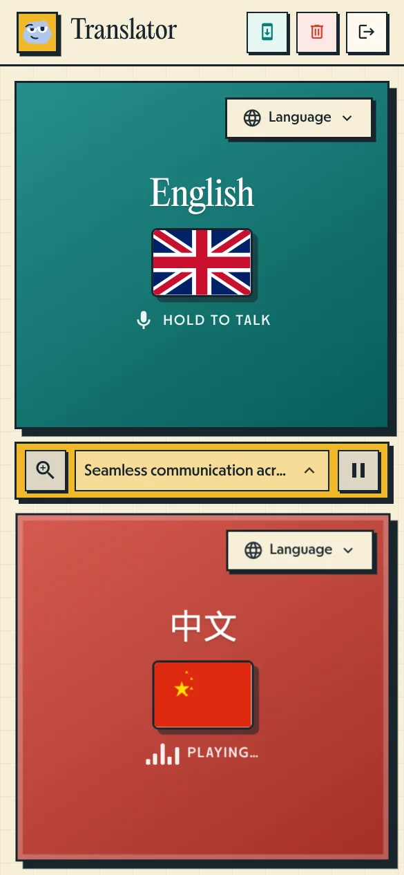 Voice Translator active interface showing real-time streaming speech translation between English and Chinese
