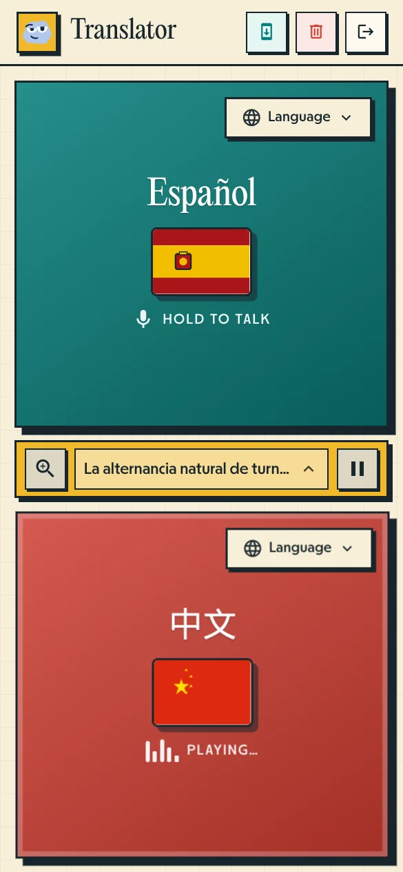 Interfaz de Pallie Traductor de Voz mostrando arquitectura de streaming de voz en español y mandarín