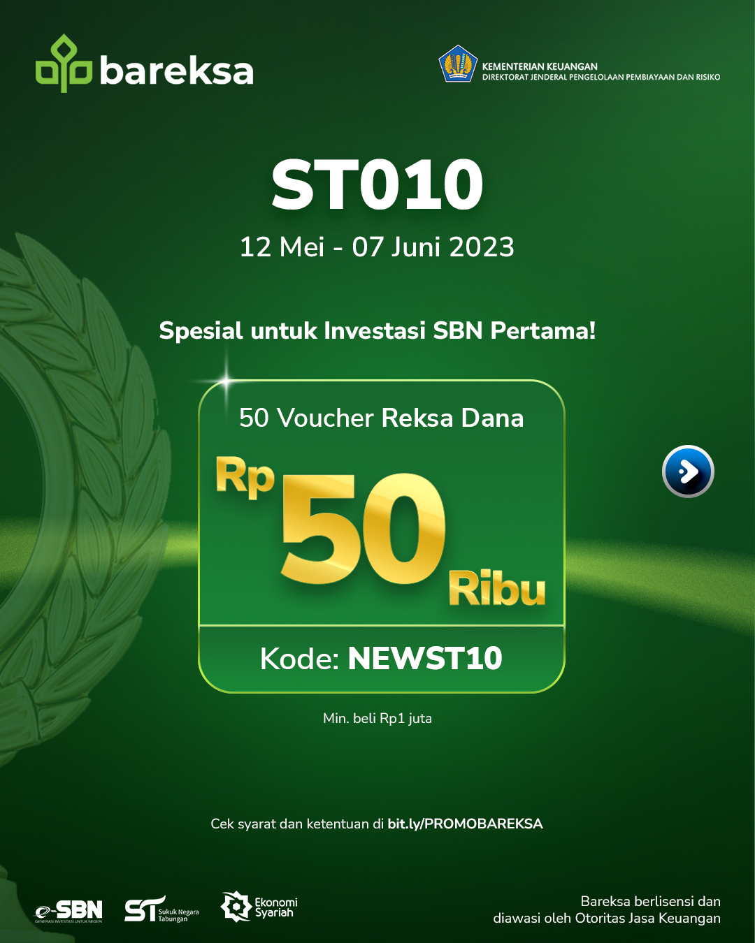 Promo Investor Baru SBN Ritel ST010 Bareksa, Berhadiah Reksadana Rp50 Ribu