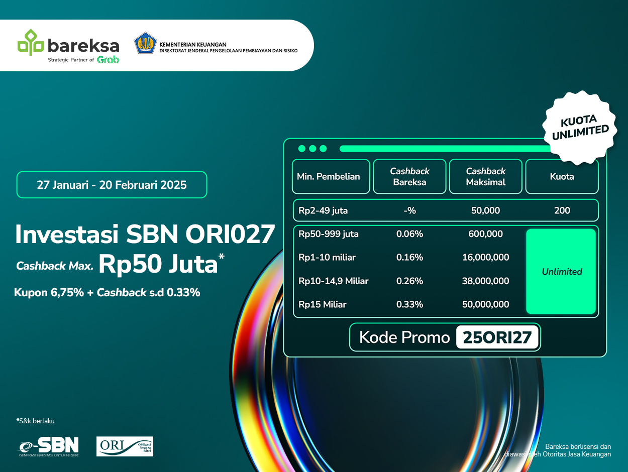 Promo SBN ORI027 Bareksa: Hadiah Cashback Tunai Hingga Rp50 Juta