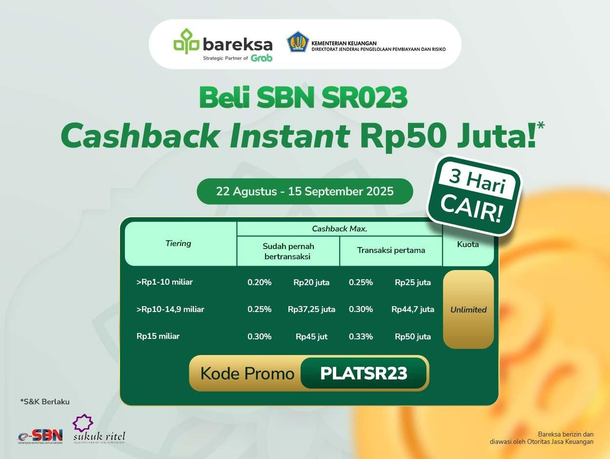 Beli SR023 di Bareksa, Raih Kupon Plus Hadiah Cashback Instan hingga Rp50 Juta!